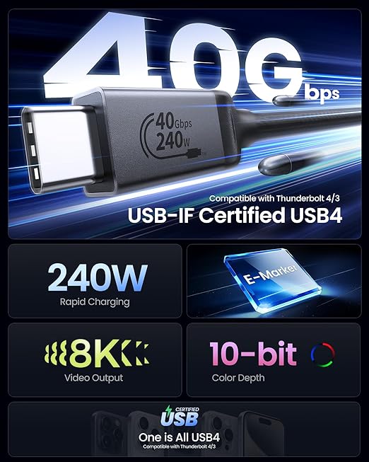 Silkland USB 4 Cable [USB-IF Certified] for Thunderbolt 4 Cable 3.3FT, 40Gbps Data Sync, 8K/5K@60Hz, 240W, USB C Thunderbolt Cable 1M, Compatible for MacBook, SSD, iPhone 17/16, Docking, eGPU, Monitor