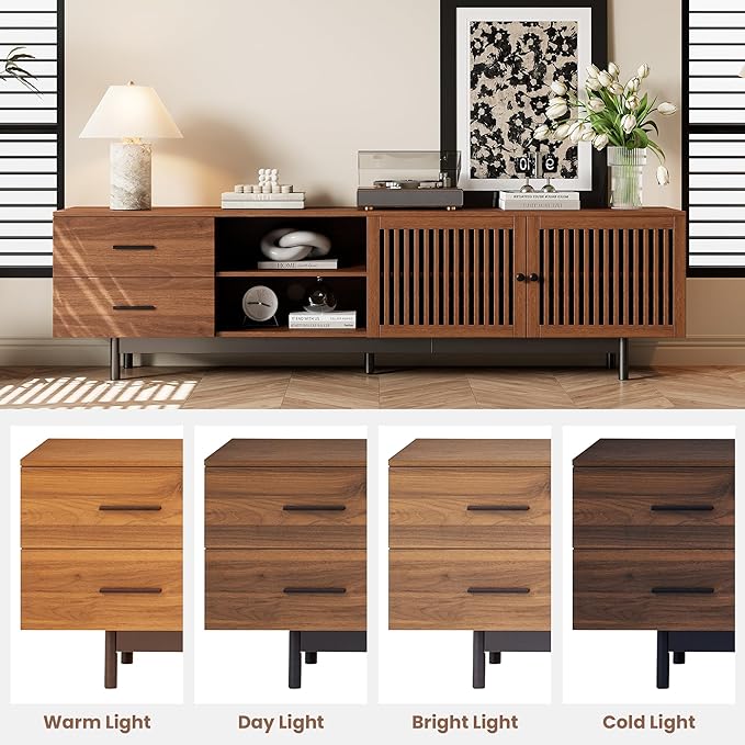 Zerberus 78” TV Stand, Mid-Century Modern TV Console Entertainment Center for TVs up to 85 Inch, Media Cabinet with Deep Drawers, Slatted Doors, Adjustable Shelf, Cable Management