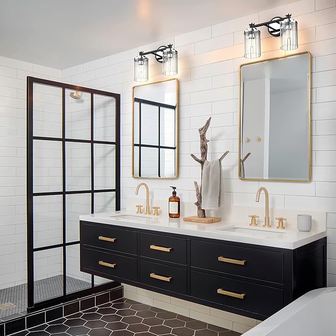 PHIXART Bathroom Lighting Fixtures Black and Chrome Bathroom Vanity Light with Cylindrical Clear Stripes Glass Lampshade E26 Socket Base Bathroom Lighting Fixtures Over Mirror (2 Lights)
