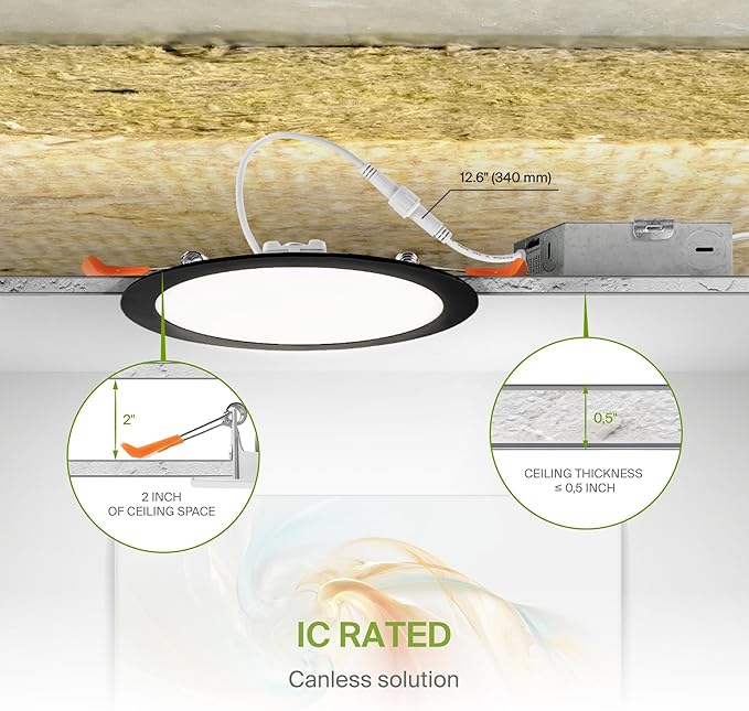 ASD 4 Pack 8 Inch LED Recessed Light 20W, 5 CCT 2700K-5000K CRI90+, IC Rated Ultra Thin Dimmable Ceiling Lights with J Box, Canless Wafer Downlight, Round Slim Panel Lighting, UL Listed, Black
