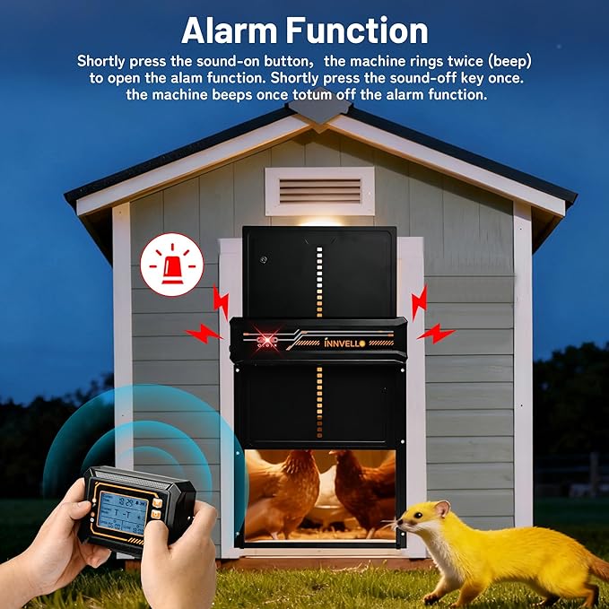 Automatic Chicken Coop Door Solar Powered with Remote Control, Timer & Light Sensor - Anti-Pinch Safety, 4 Modes, Alarm for Chicken Run, Poultry Habitat and Duck Coop