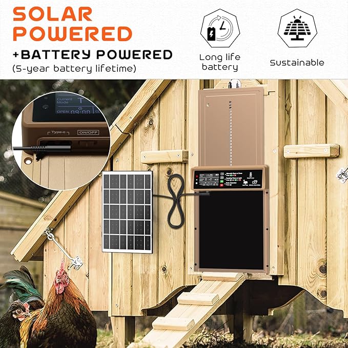 Asfrost Automatic Chicken Coop Door Solar Powered Automatic Chicken Door with Timer & Light Sensor, Anti-Pinch, Durable Aluminum Auto Chicken Door, Charge with 7W Solar Panel & USB - Brown
