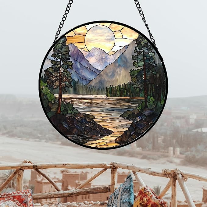 AMDERVEN Stained Glass Window Hanging, Sunset Mountains Lake Tree Sun Catcher for Window Home Decor Landscape Suncatcher Mother's Day Birthday Gifts for Women Men Mom and Nana 11.8 in