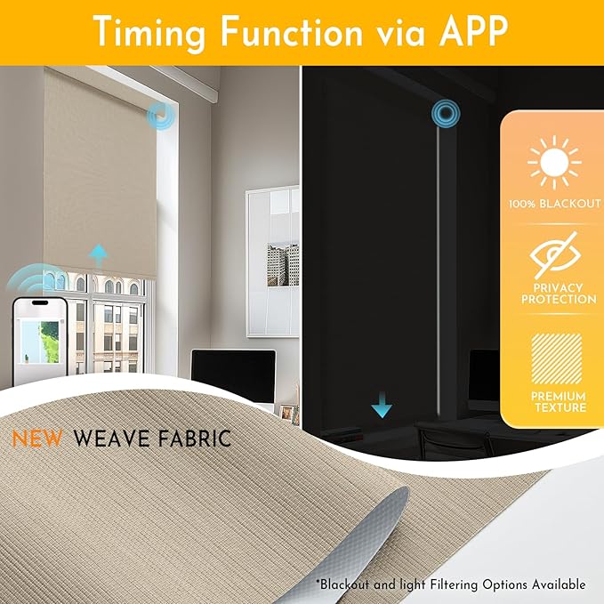 Persilux Smart Motorized Blinds with Remote, No Drill Automatic Roller Shades for Indoor Windows, Blackout Linen Fabric, Electric Blinds for Windows, Weave Straw C162BO-4, Custom Size