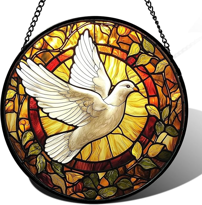DASTOLL Stained Glass Window Hanging, Flying White Dove Sun Catchers Diamond Glass Panel Hangings Cute Birds Suncatcher Decor for Birthday for Women, Men, Wife, Aunt, and Mom 14.9 in