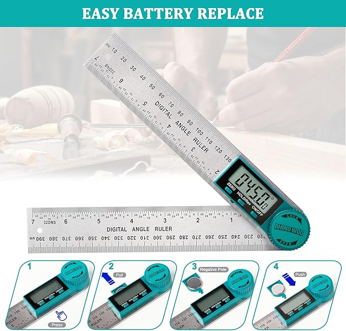 Digital Angle Finder Protractor, Angle Finder Ruler with 7inch/200mm, Angle Measuring Tool for Woodworking/Carpenter/Construction/DIY Measurement(2 Batteries Included) (Stainless Steel)