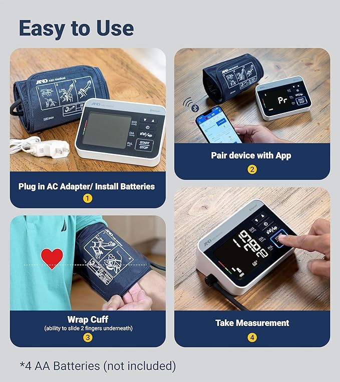A&D Medical Precision Check Pro Blood Pressure Monitor for Home Use with Bluetooth UA-910BLE - Wide Range Cuff (8.6-16.5" / 22-42cm), 4 Users, iOS & Android Compatible, AC Adapter & Carrying Case