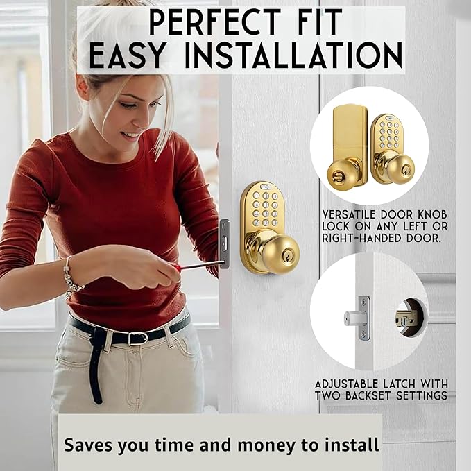 MiLocks TKK-02P Digital Door Knob Handle Lock with Electronic Keypad - Keyless Entry Smart Door Lock with Adjustable Latch Locks, Audible Tones for Interior Front Doors & More, Polished Brass