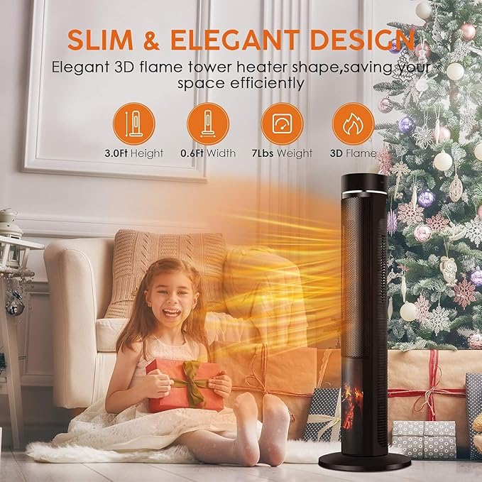Air Choice 36" Tower Space Heater for Large Room, 1500W PTC Electric Fireplace Heater, Adjustable Thermostat, 4 Modes, 3D Flame,12H Timer, Oscillation, Remote, Heater for Indoor Use, Bedroom, Office