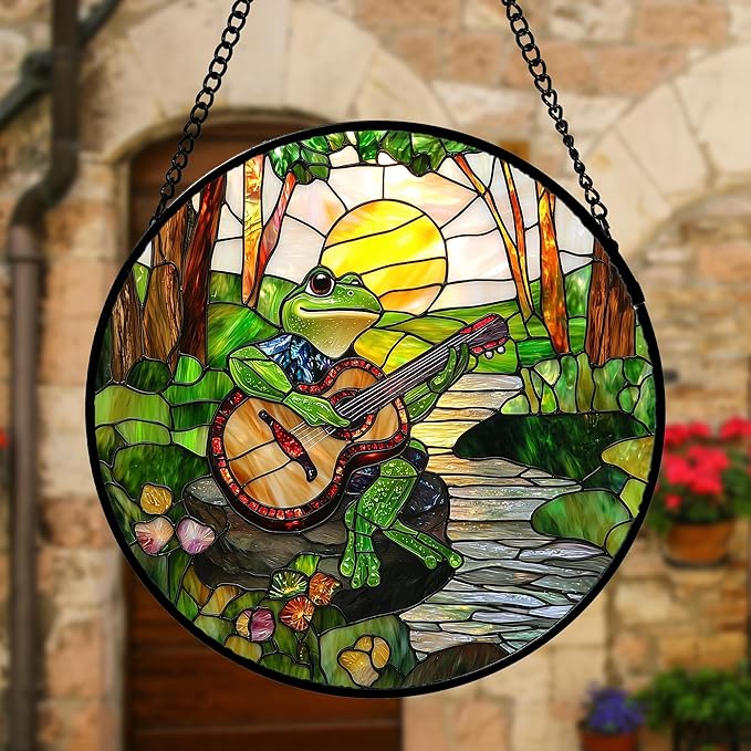 DASTOLL Stained Glass Window Hanging, Frog Playing Guitar Suncatcher Diamond Glass Panel Funny Sun Catchers Decor for Birthday for Women, Men, Wife, Aunt, and Mom 6.3 in