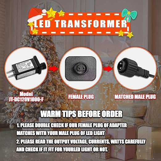 12V 1A LED Controller with Extension Cord, Replacement Model JT-DC120V1000-F Class 2 Power Supply Ip44 Low Voltage Transformer for Christmas String Light Inflatable Decorations