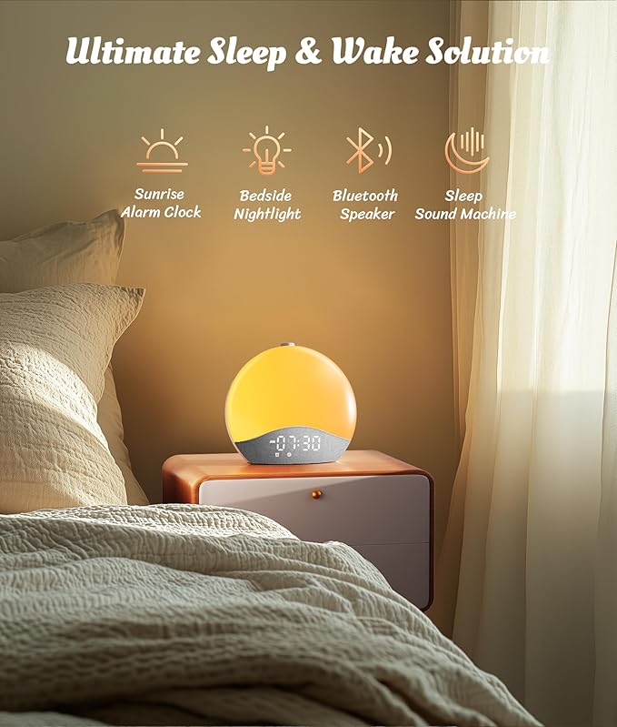 ecozy Sunrise Alarm Clock, White Noise Sound Machine, Alarm Clock for Bedrooms, 26 Soothing Sounds, 17 Night Lights, Bluetooth Speaker, Wake Up Sunlight for Heavy Sleepers, Adults, Kids