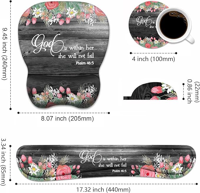 Ergonomic Mouse Pad Wrist Support and Keyboard Wrist Rest Set with Coasters, Non-Slip PU Base, Easy Typing & Pain Relief for Computer Laptop Home Office, Floral Quote Bible Verse Psalm 46:5