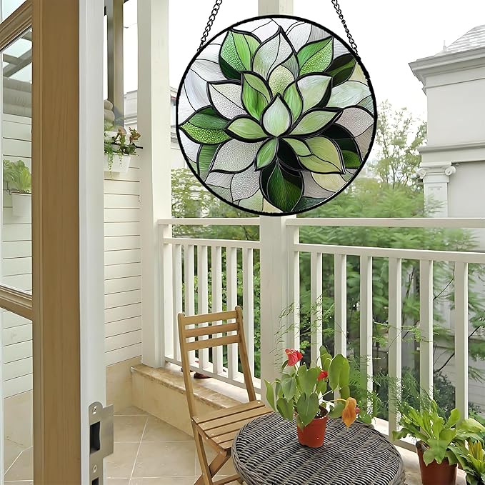 CRISGIF Stained Glass Window Hanging - Ireland Green Plants Suncatcher for Doors Garden Succulent Sun Catchers Decor Mother's St. Patrick's Day Birthday for Women Men Mom Nana 15 in