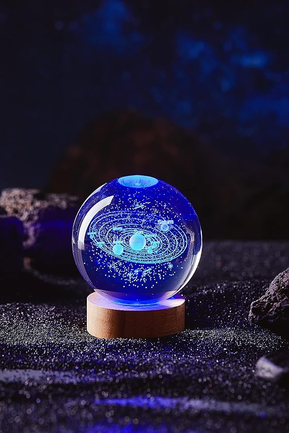 Conalisk 3D Solar System Crystal Ball Lamp,3.15 Inch K9 Crystal Ball Night Light with Wooden Base,16 Colors Changing with Remote Control,3D Planet Laser Engraving Holographic Light (Solar System)