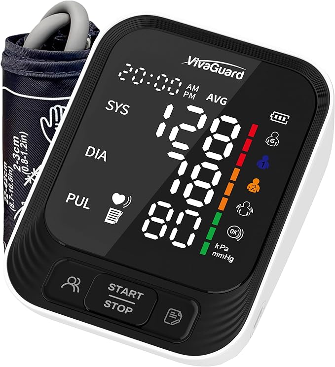 VivaGuard Blood Pressure Monitor for Home Use, Upper Arm Blood Pressure Cuff (8.7" - 16.5"), Automatic Digital BP Machine with Large LCD Backlit Display, 2 x 199 Memory, Carrying Case and Power Supply