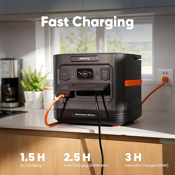 Jackery Solar Generator 1500 Ultra with 2x 100W Prime Solar Panels, 1536Wh LiFePO4 Power Station, 1800W AC Output (3600W Peak), 1.5H Fast Recharge, IP65 Waterproof, DIY Solar for Vans, RVs & Balconies