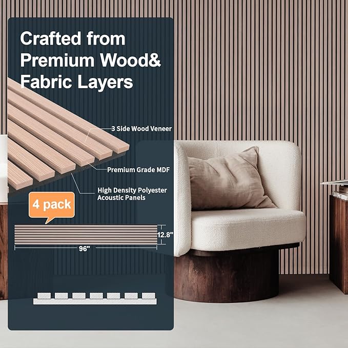 NeatiEase Wood Slat Wall Panels, 4-Piece 96" x 12.6", Soundproof Acoustic Wall Panels for Interior Decor, Noise Cancelling (Rustic Oak)