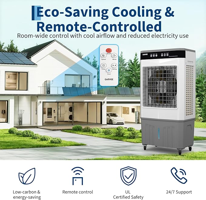 8.4 Gal Portable Evaporative Air Cooler, 3200 CFM Cooler with Remote Timer, 3 Speeds 120° Oscillation 3-Side Cooling Pads, Auto-Swing for Home Workshop Office Garage