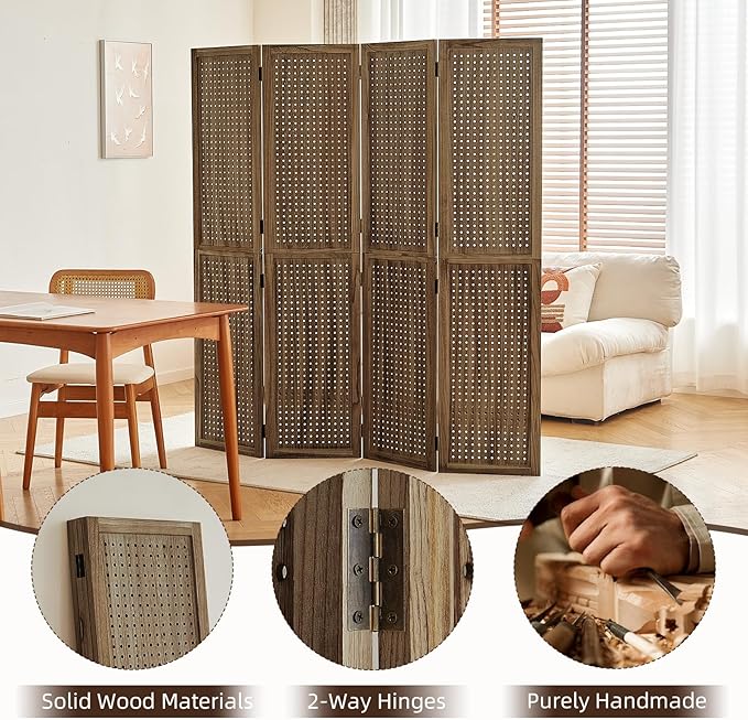 Leesinwing 4 Panel Wooden Room Dividers, 5.6FT High Plug-in Folding Screen Made of Natural Wood, Pegboard Display for Bedroom and Shopping Malls and Jewelry Stores, Dark Brown