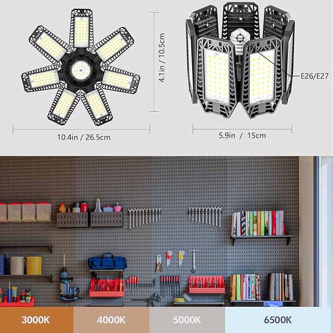 CHENGCHILIT LED Garage Light 4 Pack - 200w 20000LM 6500K Garage Lights Ceiling LED with 7+1 Adjustable Panels, Shop Lights Screw in E26 E27 Bulb Socket for Workshop, Storage Room, Basement, Warehouse