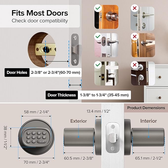 ThorBolt Door Lock Knob with Keypad Keyless Entry Door Knob Electric Coded Indoor Door Knob for Interior Doors Thickness up to 2-1/4", Bedroom, Home Office, Garage, 4xAA Alkaline Battery, M1 Titanium