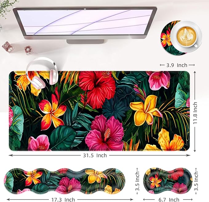 BFUKVOU Large Keyboard Mouse Pad Set, Extended Mouse Pad+Keyboard Wrist Rest Support, Memory Foam Ergonomic Easy Typing, 4Pcs (31.5×11.8 in) Desk Pad Set for Office Home,Vibrant Tropical Flower