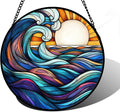 DASTOLL Stained Glass Window Hanging, Big Wave Sun Suncatcher Diamond Glass Panel Hangings Abstract Sun Catchers Decor for Birthday for Women, Men, Wife, Aunt, and Mom 9.8 in