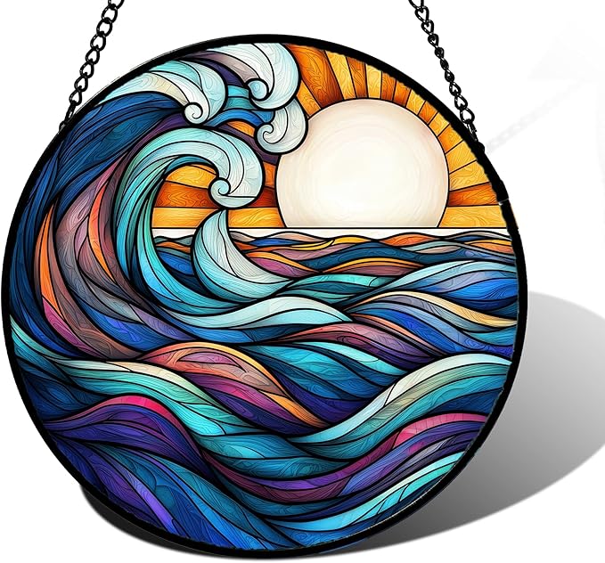 DASTOLL Stained Glass Window Hanging, Big Wave Sun Suncatcher Diamond Glass Panel Hangings Abstract Sun Catchers Decor for Birthday for Women, Men, Wife, Aunt, and Mom 11.8x11.8 in