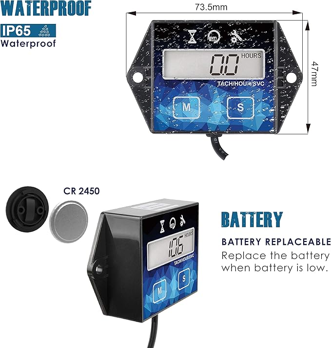 Runleader Small Engine Hour Meter, Digital Tachometer, Maintenance Reminder, Battery Replaceable, User Shutdown, Use for ZTR Lawn Mower Tractor Generator Marine Outboard ATV (HM011F)