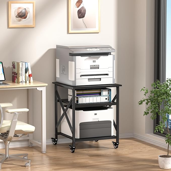 Printer Stand, 23.6 x 23.6 Inches Large Printer Stand with Adjustable Storage Shelf, 3 Tier Printer Table for Home Office, Rolling Printer Cart with Industrial Wheels, Mini Fridge Stand Table, Black