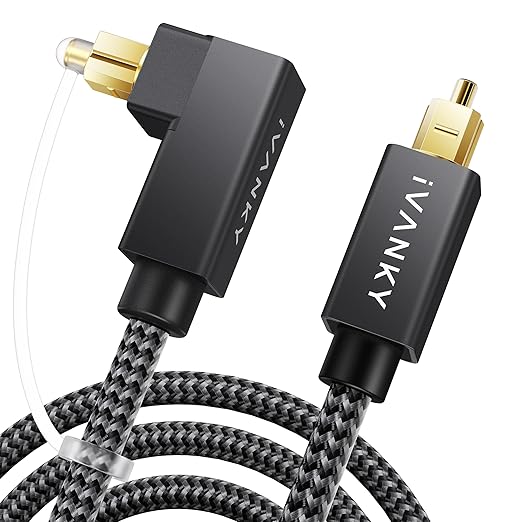 IVANKY Right Angle Optical Audio Cable, 10ft/3M 24K Gold-Plated 90 Degree Toslink Digital Fiber Optic Cable, 90° Angled & Lossless Audio S/PDIF Optical Cable for Soundbar, TV, PS5, Xbox, Home Theater