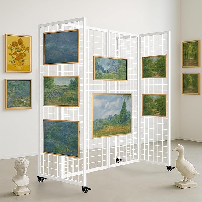 koretech Grid Wall Panels with Wheels, 4 x 5.5Ft Gridwall Panel Display Stand, Sturdy Art Display Panels, Grid Display Stand, White