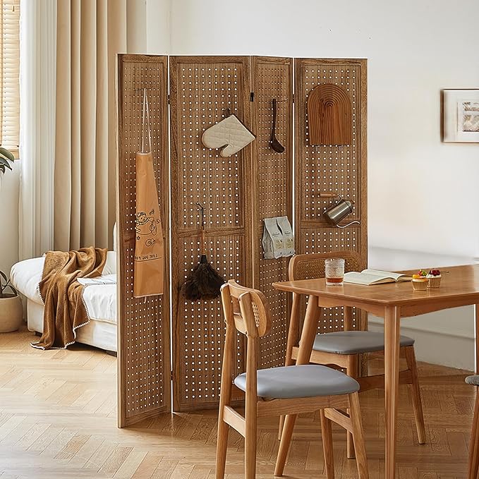 Asnefeli Pegboard Display Room Divider with 16 Hooks, 4 Panel 5.6Ft Wood Room Divider Folding Privacy Screen, Portable Freestanding Wall Organizer for Retail Craft Art Display Board, Natural