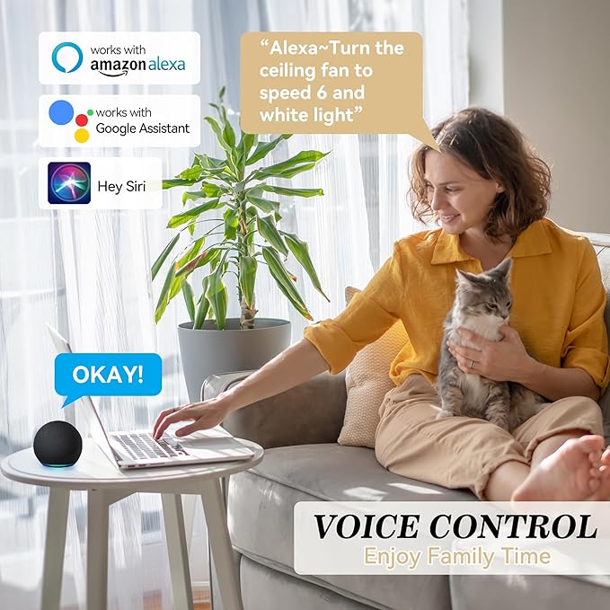 SMAAIR 48 Inch Smart Ceiling Fan with Light and Remote, Flush Mount Modern Ceiling Fan with lights,Compatible with Alexa/Google Assistant/Siri,Timer and Schedule,10 Speed DC Motor, Wooden/Walnut