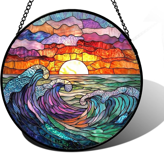 DASTOLL Stained Glass Window Hanging, Clouds and Sea Waves Suncatcher Diamond Glass Panel Hangings Scenery Sun Catchers Decor for Birthday for Women, Men, Wife, Aunt, and Mom 6.3 in