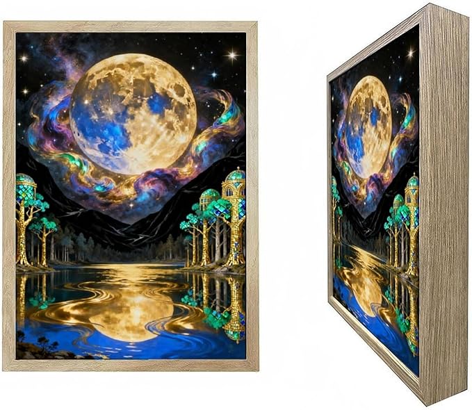 URVIP LED Glowing Photo Frame, 3D Starry-Sky Blue Moon Wall Art, 9x12 Inches Dimmable Light Up Light Painting for Bedroom, Unique Aesthetic Decor, Great Birthday Gift for Women Men