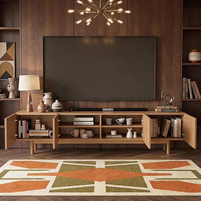 gaoyangjiaju 86.61" Wooden TV Cabinet with Open Shelving, Removable Divider and Cable Management (Pedestal 15.74" D x 86.61" W x 17.5" H) (Legs15.74 D x 86.61" W x21.14 H)