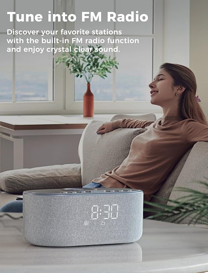 Odokee Wireless Charging Alarm Clock Radio: Qi Certified Fast Wireless Charger for iPhone Samsung - 10W Stereo Bluetooth Speaker - Dimmable Digital Clock with FM Radio for Bedroom Gray
