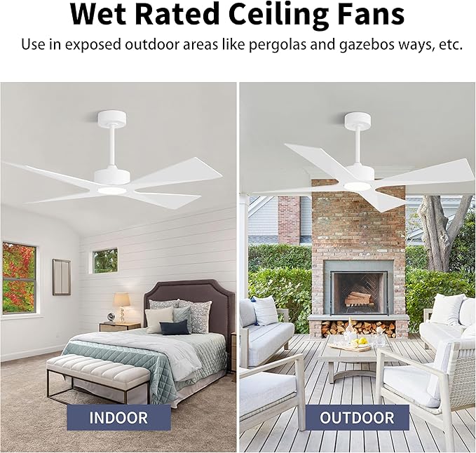 WINGBO 64" Wet Rated Outdoor Ceiling Fan with Lights, 4 ABS Plastic Blades, Reversible DC Motor, 6-Speed Remote Control, 3 CCT, Waterproof Ceiling Fan for Patio Porch Gazebo Garage, Gloss White