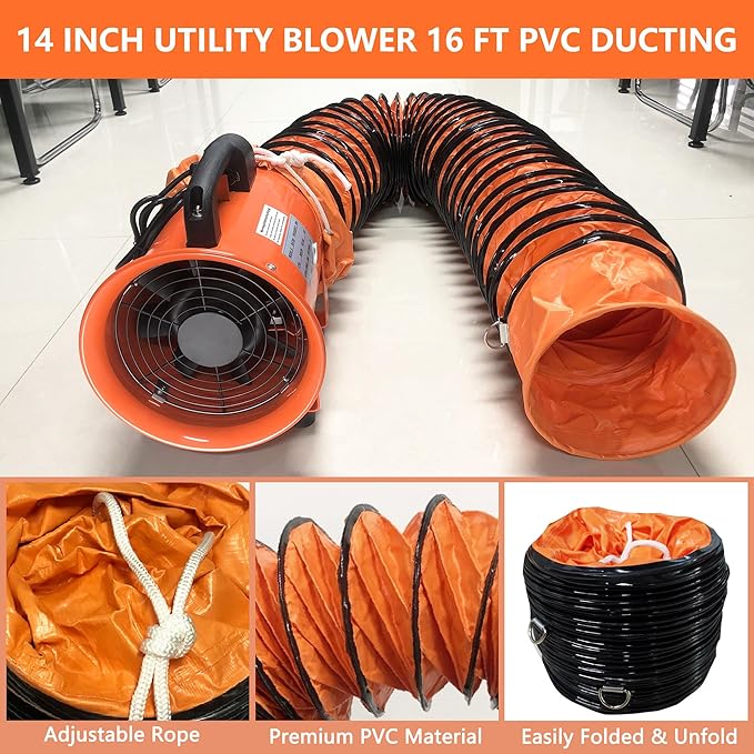 FICBXRA Utility Blower Fan 14 Inch Portable Axial Exhaust Fan 820W 3016CFM High Velocity Ventilator with 16FT Duct Hose for Exhausting & Ventilating at Home and Job Site