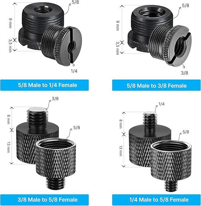 IXTECH Mic Stand Adapter Set - 8 Piece Metal Mic Stand Adapter Kit - 3/8 to 5/8 & 1/4 to 5/8 Female to Male Thread Adapter - Boom Arm Adapter (2)