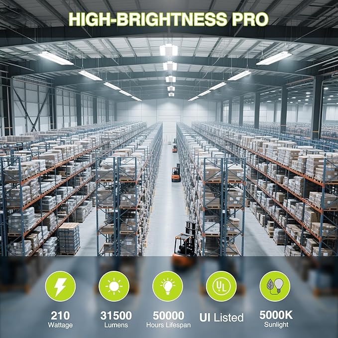 LED Linear High Bay Shop Light 210W, Larger Central Lighting Area, 31500LM, 120-277V, 0-10V, 5000K, Commercial Linear High Bay Led Shop Lights for Warehouse Industrial Garage Workshops, 4 Pack, UL