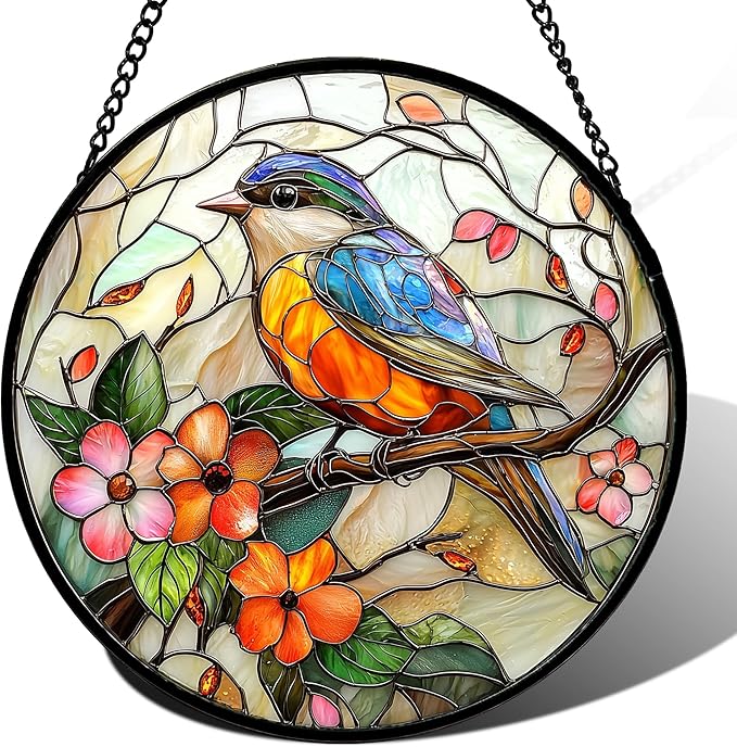 DASTOLL Stained Glass Window Hanging, Blue Bird Pink Flower Suncatcher Diamond Glass Panel Bird Sun Catchers Decor for Birthday for Women, Men, Wife, Aunt, and Mom 14.9x14.9 in