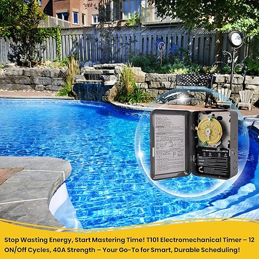 T104 Electromechanical Timer Switch,208-277 VAC 5HP 40A DPST Pool Pump Timers Replacement,24-Hour 12 ON/Off Mechanical Timer Switch for Pool Pump Water Heater Lighting