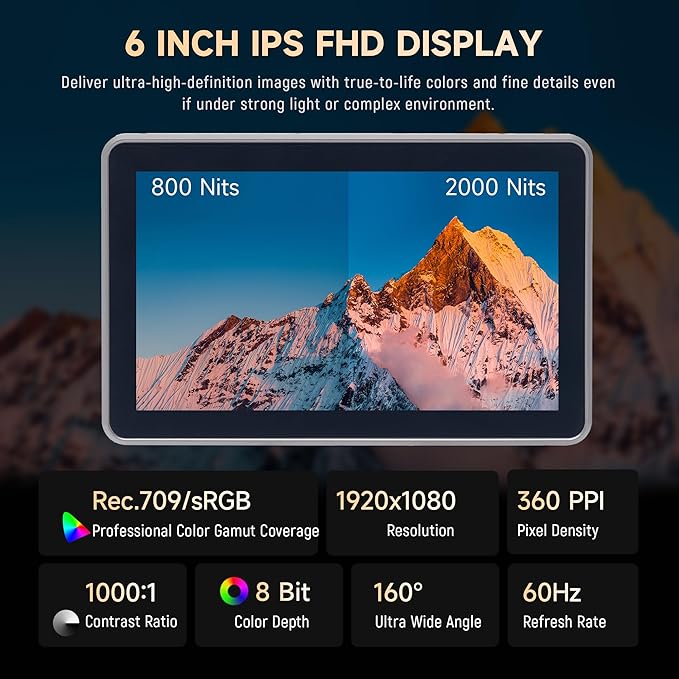 VILTROX DC-X2 Touchscreen Camera Field Monitor, 2000 Nits 6 inch On Camera Monitor 4K HDMI in/Out 3D Lut Full Waveform 1920X1080 HD Focus Peaking Assist Video Field Monitor with Sunshade Hood Battery
