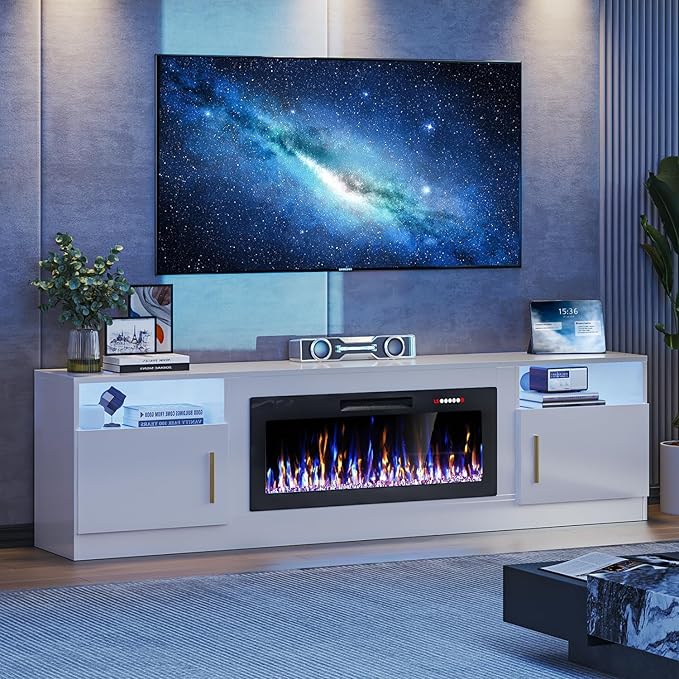 VITESSE TV Stand with 36" inch Electric Fireplace Up to 90" TVs, LED Light Entertainment Center, 80" Modern Wood High Gloss Fireplace with Highlight Storage Cabinet for Living Room (White)