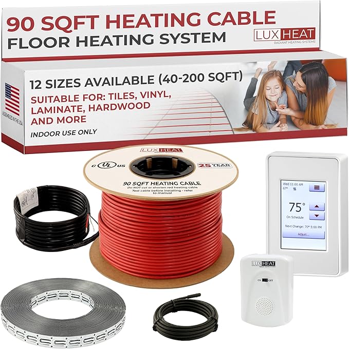 LuxHeat 90sqft Floor Heating Cable Kit - 240v In Floor Heating System for Tile - Heated Flooring System Includes UDG4 Programmable Thermostat w/GFCI, Heat Cable, Strapping, Sensor & Alarm