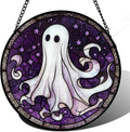 DASTOLL Stained Glass Window Hanging - Halloween Decorations White Ghost Purple Stars Suncatcher for Doors Garden Spooky Funny Sun Catchers Gothic Decor Horror Gifts for Women Men Friend 6.3 in