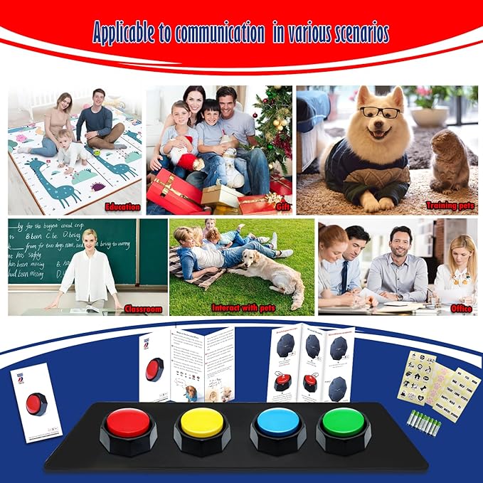 ANLIKY Recordable Buttons, Dog Buttons for Communication, Pack of 4 Colored Buzzers with Mat & 30 Scene Stickers 15 Custom Stickers. Non-Slip Stickers Inside